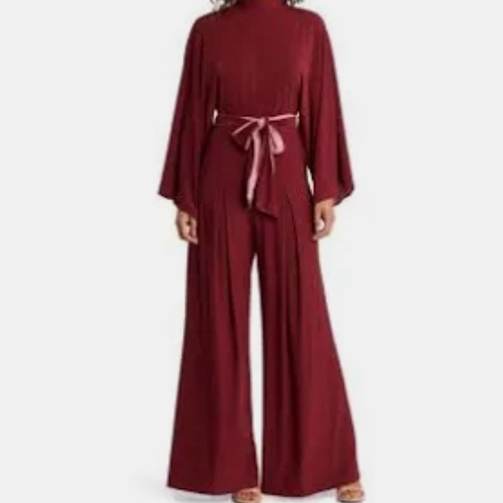 Badgley Mischka Burgundy Wide-Leg Jumpsuit with Sash